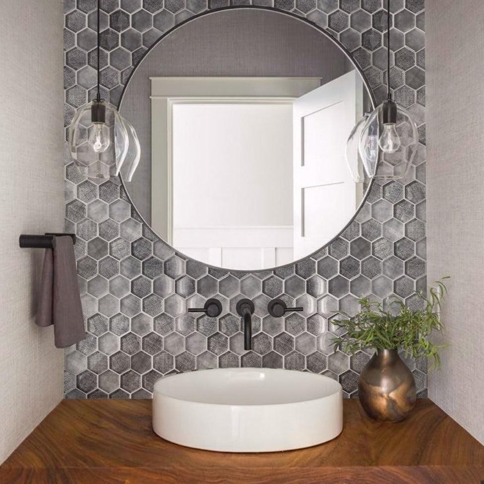 Grey Fabric Glass Hexagon Mosaic Tile