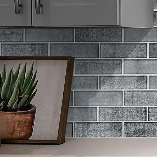 Grey Fabric Glass Subway Mosaic Tile Kitchen Wall Close-up