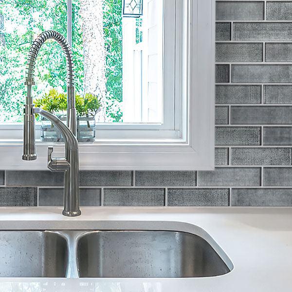 Grey Fabric Glass Subway Mosaic Tile Kitchen Wall