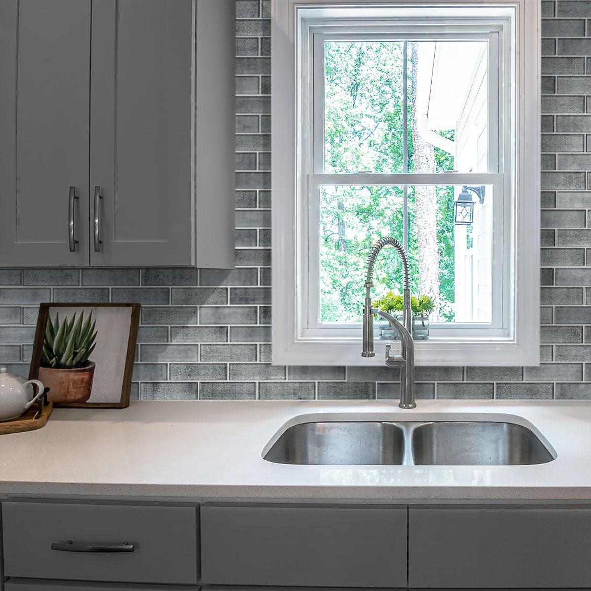 Grey Fabric Glass Subway Mosaic Tile Kitchen Backsplash