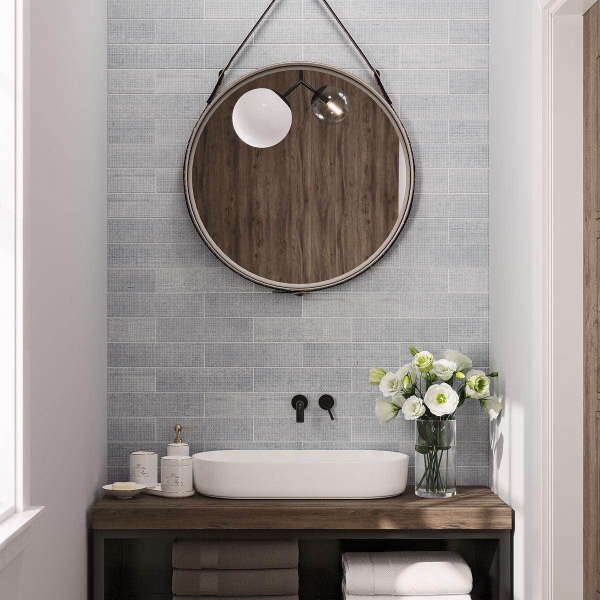 Cozy half bathroom design with wood accents and marble subway tiles
