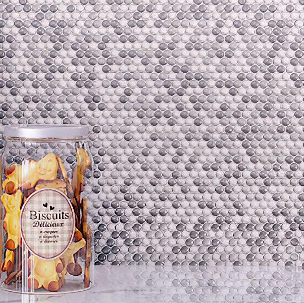 Glass Jar of Biscuits on Grey Pearl Penny Recycled Glass Mosaic Tile Background Close-up