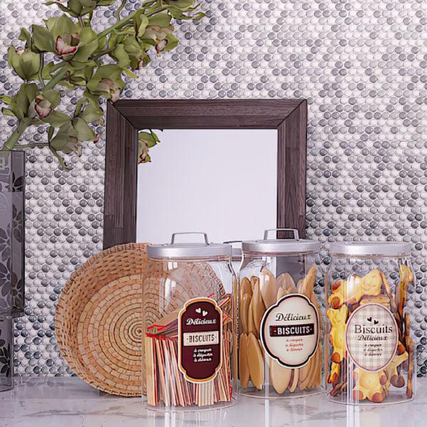 Glass Jars of Biscuits on Grey Pearl Penny Recycled Glass Mosaic Tile Background