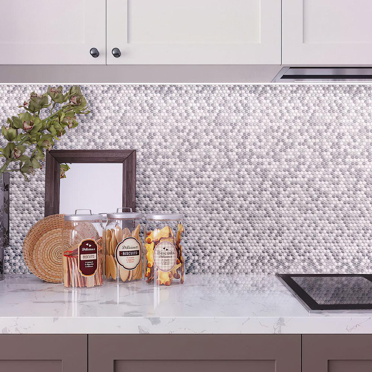 Grey Pearl Penny Recycled Glass Mosaic Tile Kitchen Backsplash