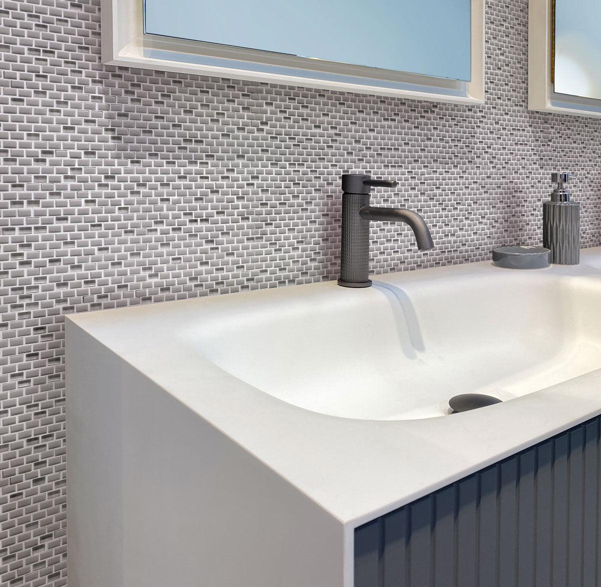 Grey Recycled Glass Brick Mosaic Tile Bathroom Backsplash