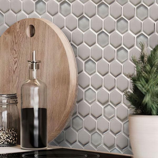 Grey Recycled Glass Hexagon Mosaic Tile Wall Close-up
