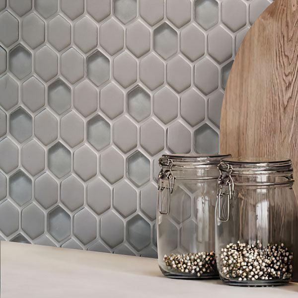 Grey Recycled Glass Hexagon Mosaic Tile Kitchen Backsplash