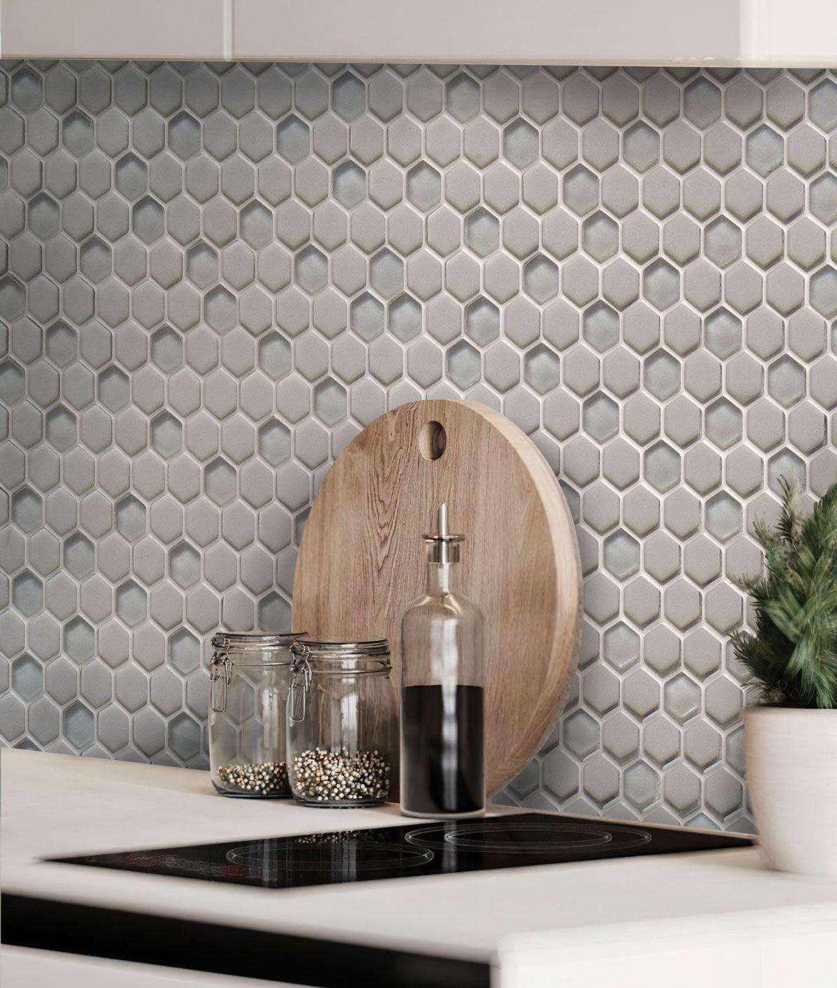 Grey Recycled Glass Hexagon Mosaic Tile Kitchen Backsplash