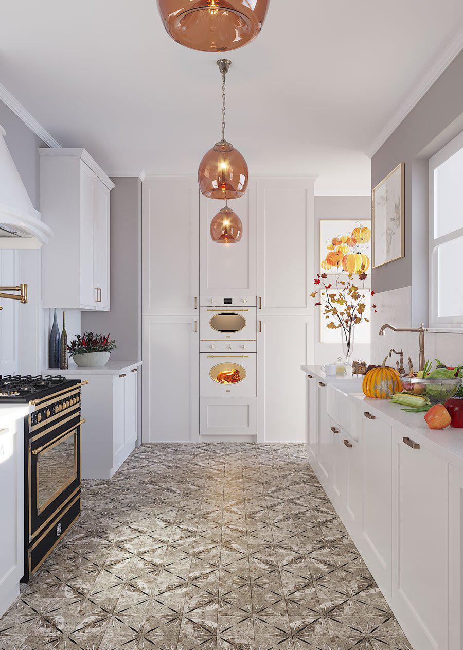 Patterned Encaustic TIle Kitchen Floor in Grey Sparkle Waterjet Mosaic 