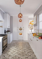 Patterned Encaustic TIle Kitchen Floor in Grey Sparkle Waterjet Mosaic 