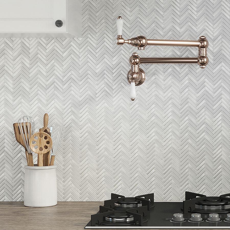 Herringbone White Glass Tile Kitchen Wall