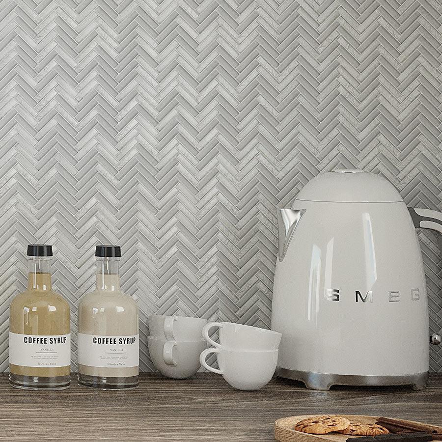 Coffee Set on Herringbone White Glass Tile Kitchen Backsplash