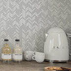 Coffee Set on Herringbone White Glass Tile Kitchen Backsplash