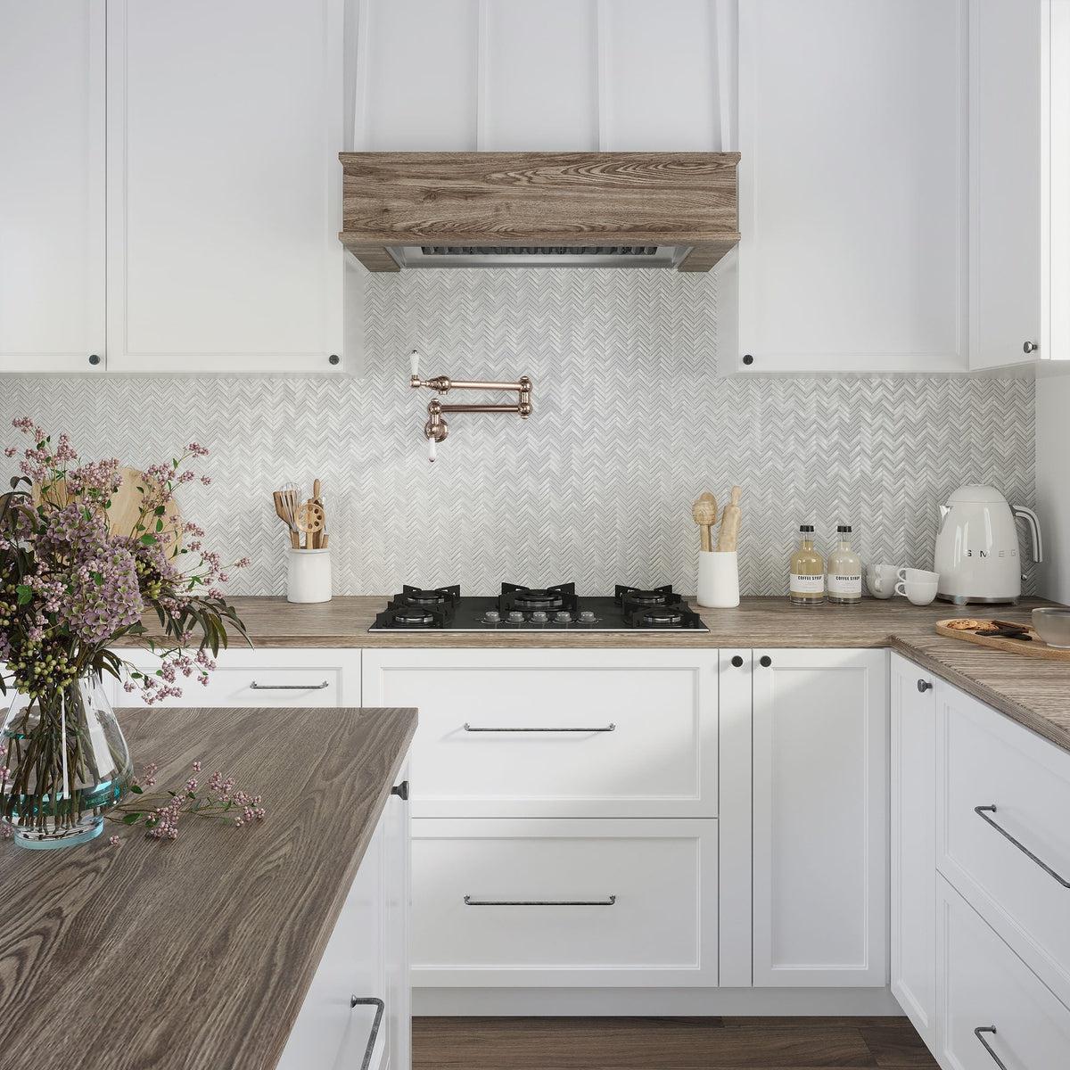 Herringbone White Glass Tile Backsplash in Kitchen of White & Wood