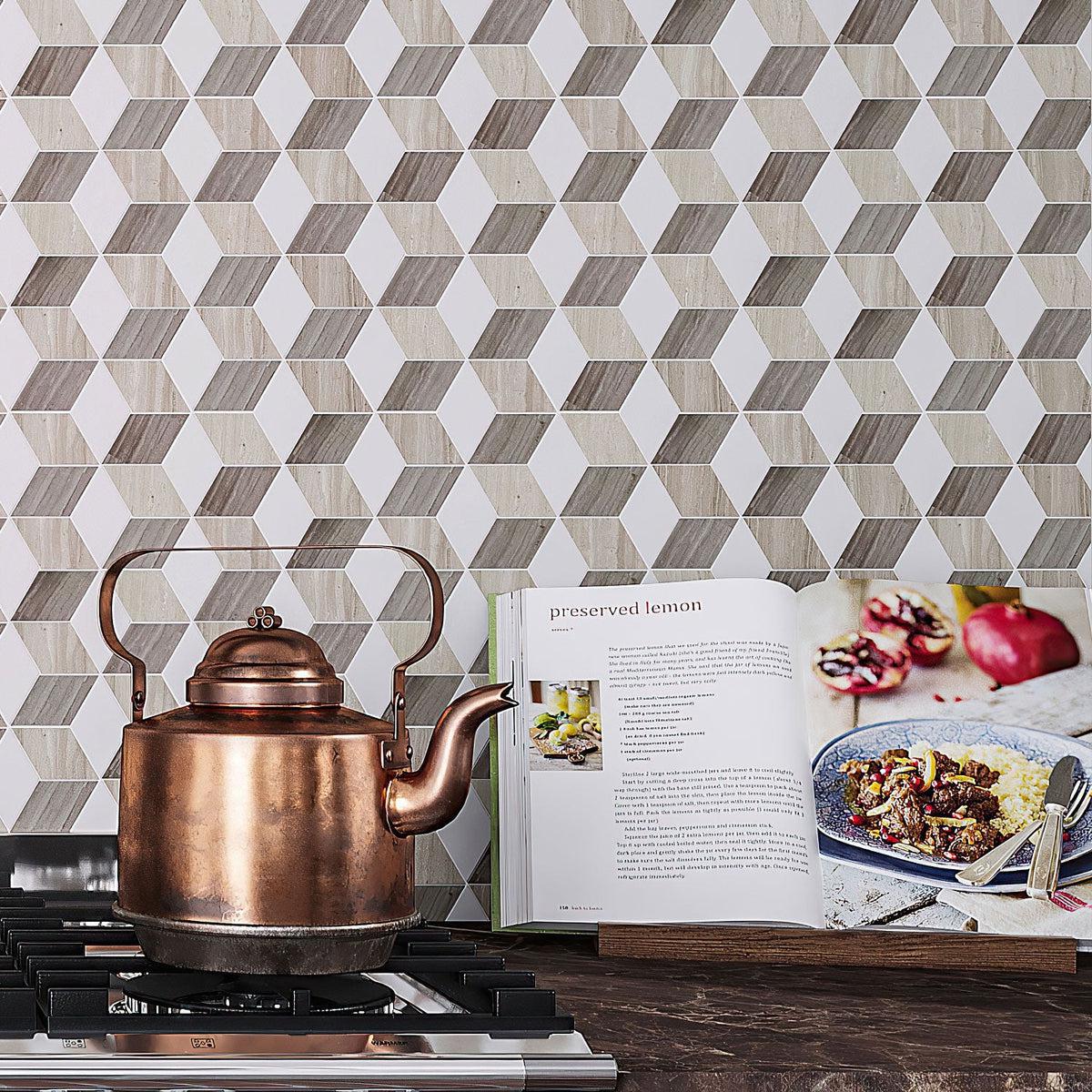 Recipe book on background of Hudson Cube Wooden Beige Marble Mosaic Tile Wall