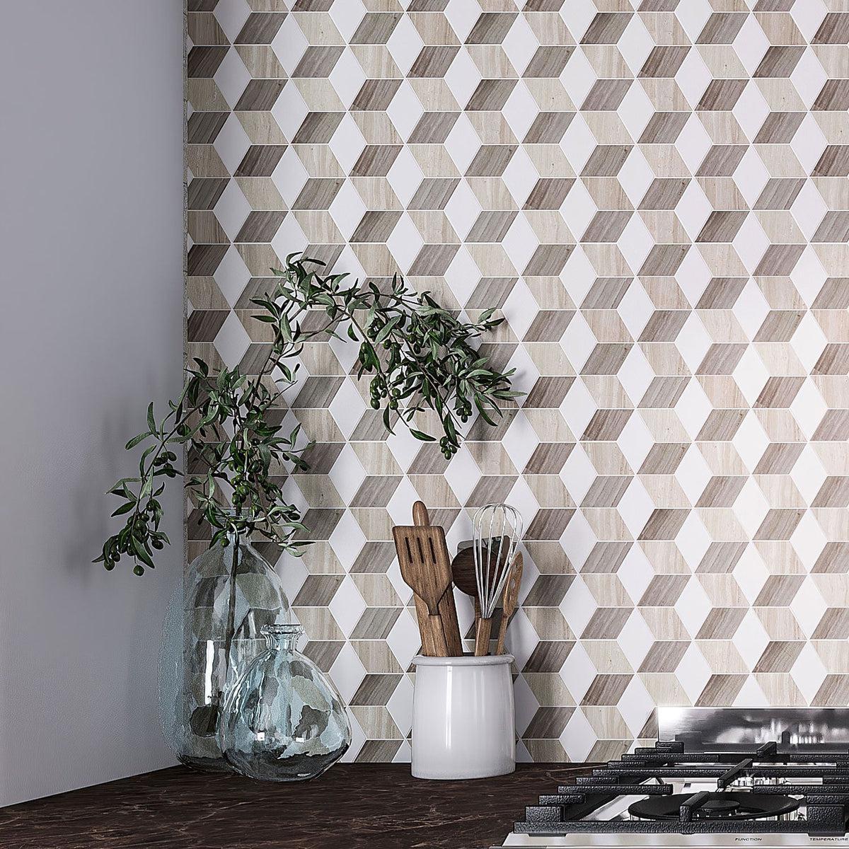 Kitchen corner with  Hudson Cube Wooden Beige Marble Mosaic