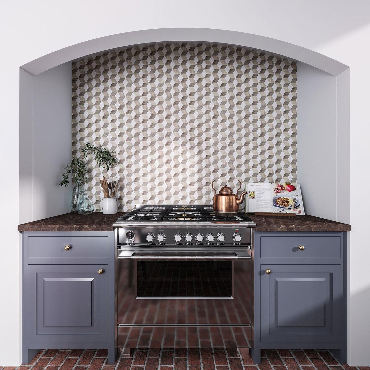 Hudson Cube Wooden Beige Marble Mosaic Tile Kitchen Backsplash