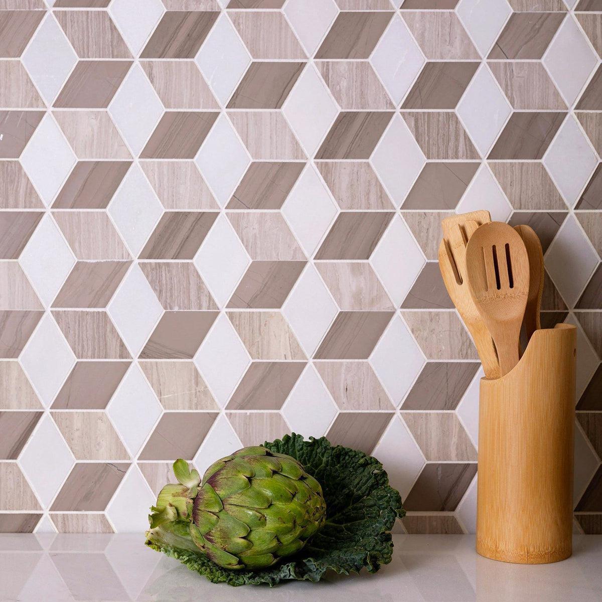 Hudson Cube Wooden Beige Marble Mosaic Tile