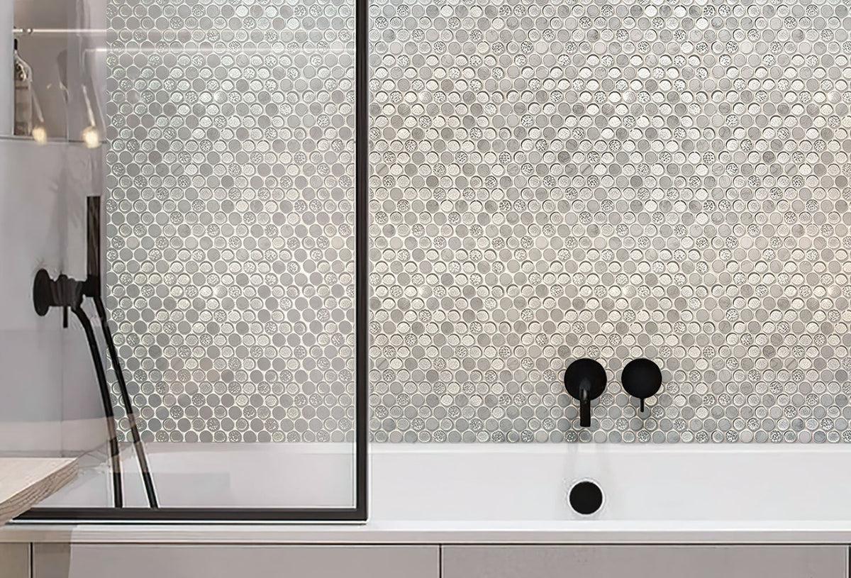 Ice Cold Penny Round White Glass Bianco Carrara Tiles bathroom backsplash