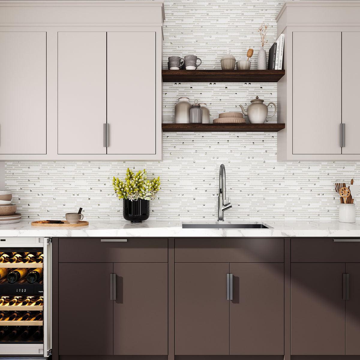 Dress up your kitchen with Ice Shale Rectangular White Glass And Stone Tile