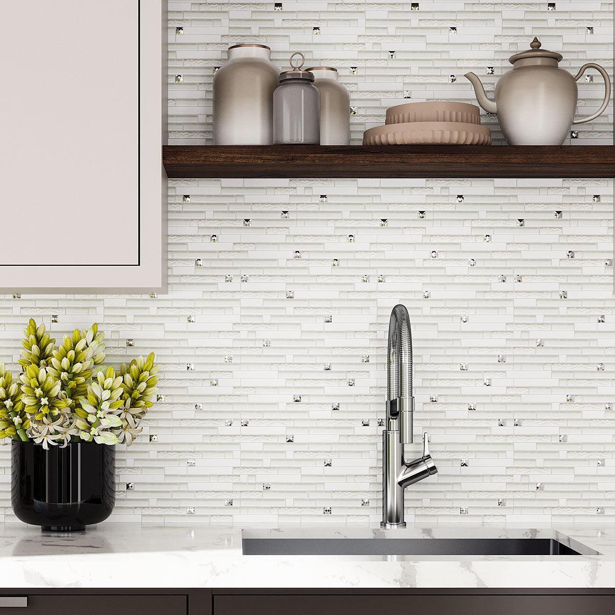Ice Shale Rectangular White Glass And Stone Wall Tile