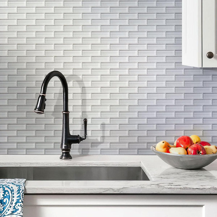Ice White Glass Brick Tile backsplashin white kitchen