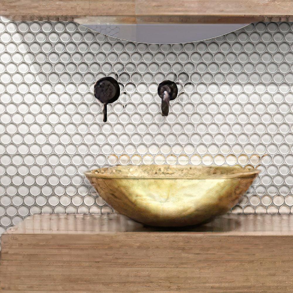 Ice White Glass Penny Round Tile | Tile Club