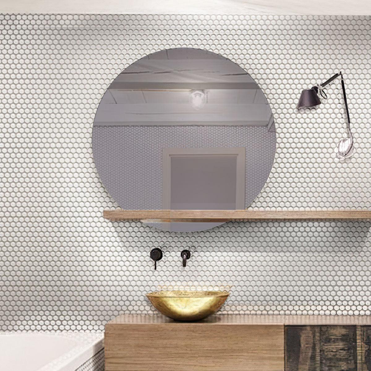 Ice White Glass Penny Round Tile bathroom backsplash