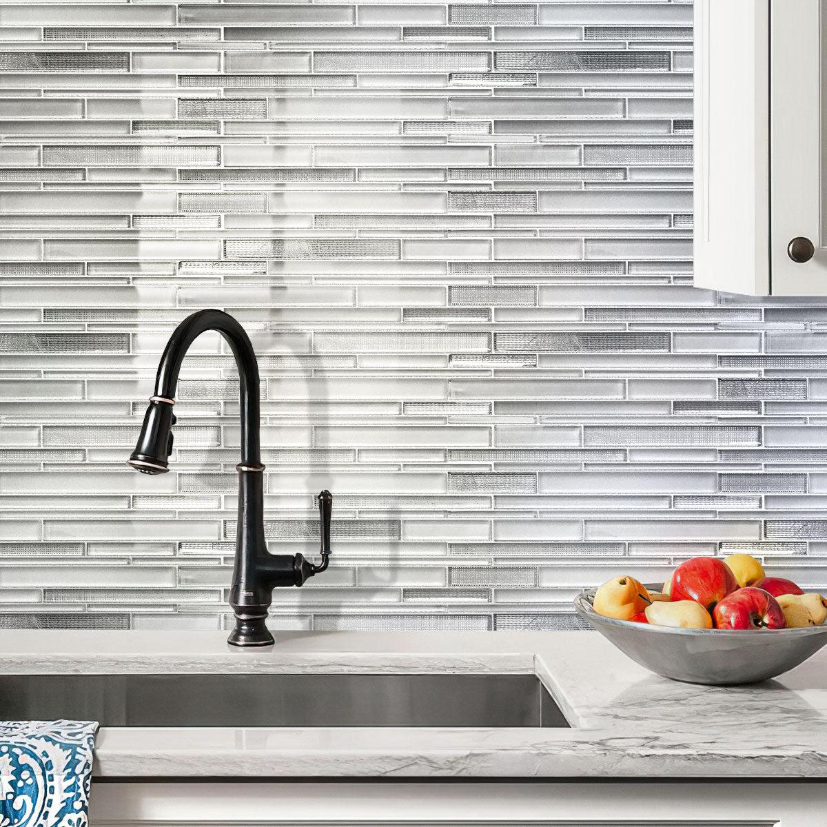 Ice White Linear Glass Mosaic Tile for a white and silver stacked backsplash