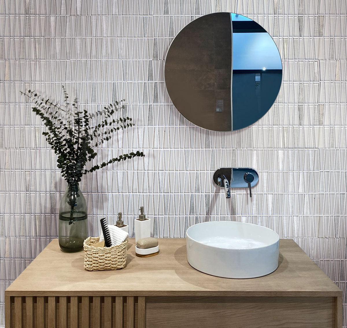 Ice White Triangle Glass Mosaic Tile for a dazzling geometric backsplash