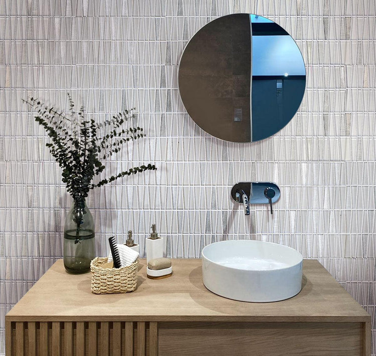 Ice White Triangle Glass Mosaic Tile for a dazzling geometric backsplash