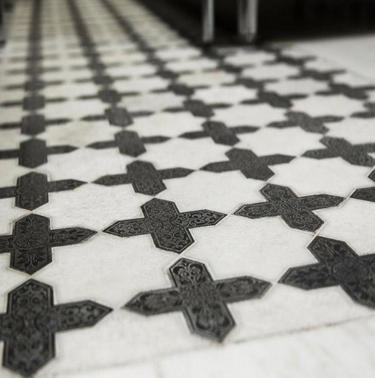 Moroccan Star & Cross Black Etched Marble Mosaic Tile