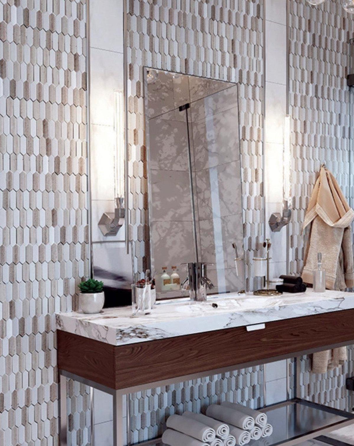 12.3" x 12.4" Sand Valley & Thassos Piquet Mosaic Tile for Grandeur