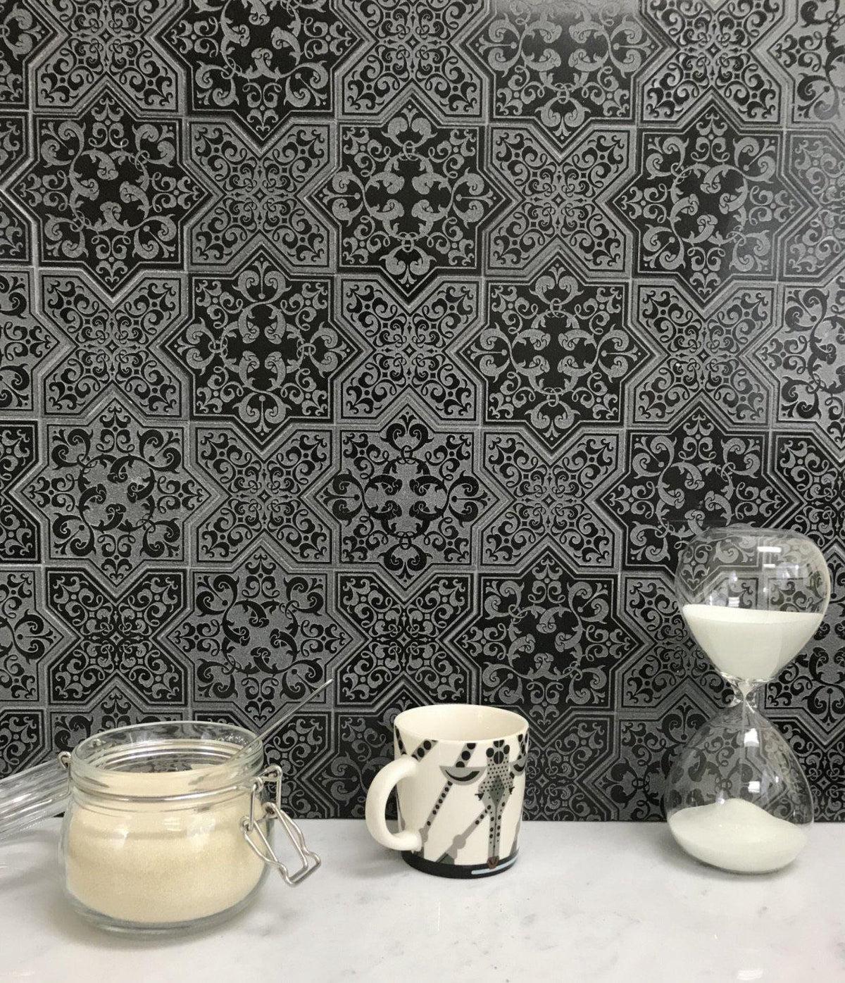 MOROCCAN CROSS BLACK ETCHED MARBLE TILE
