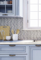 Blue and White Kitchen Design with Sail Azul Cielo Etched and Imperial White Marble Mosaic Tile Backsplash|Tile Club