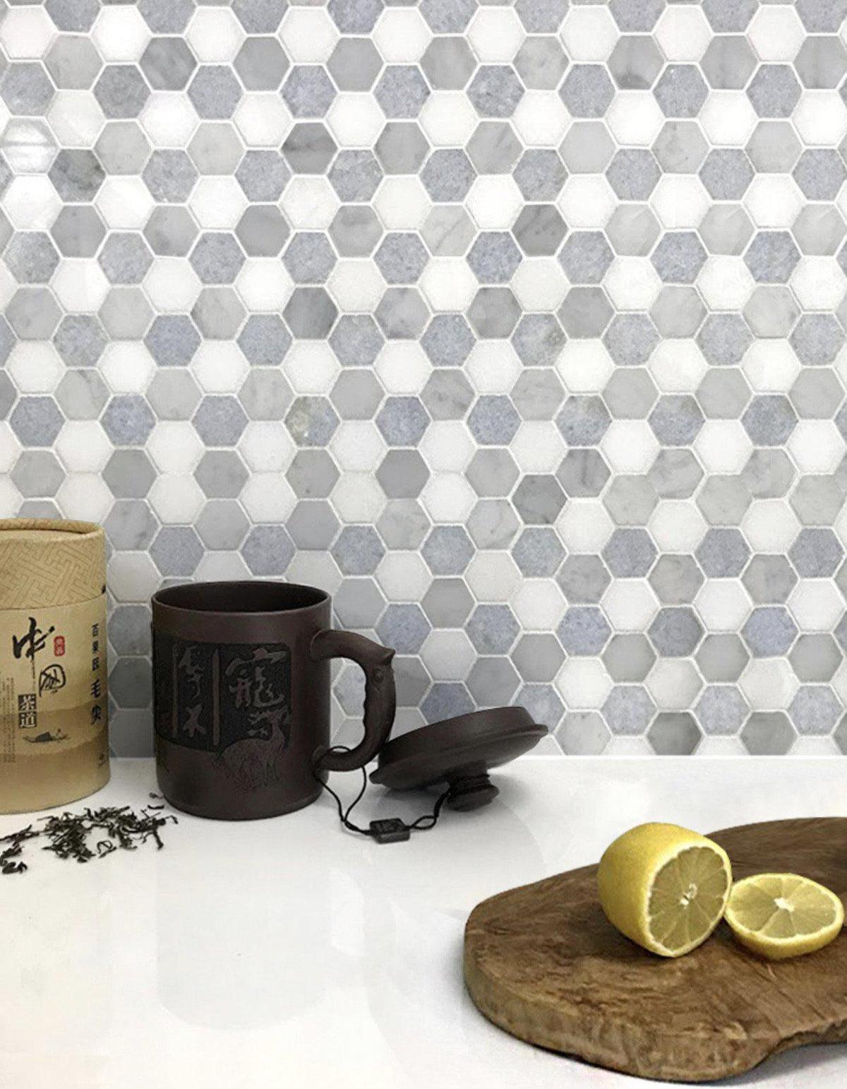 Azul Cielo Thassos And Carrara 1" Hexagon Marble Mosaic Tile Polished