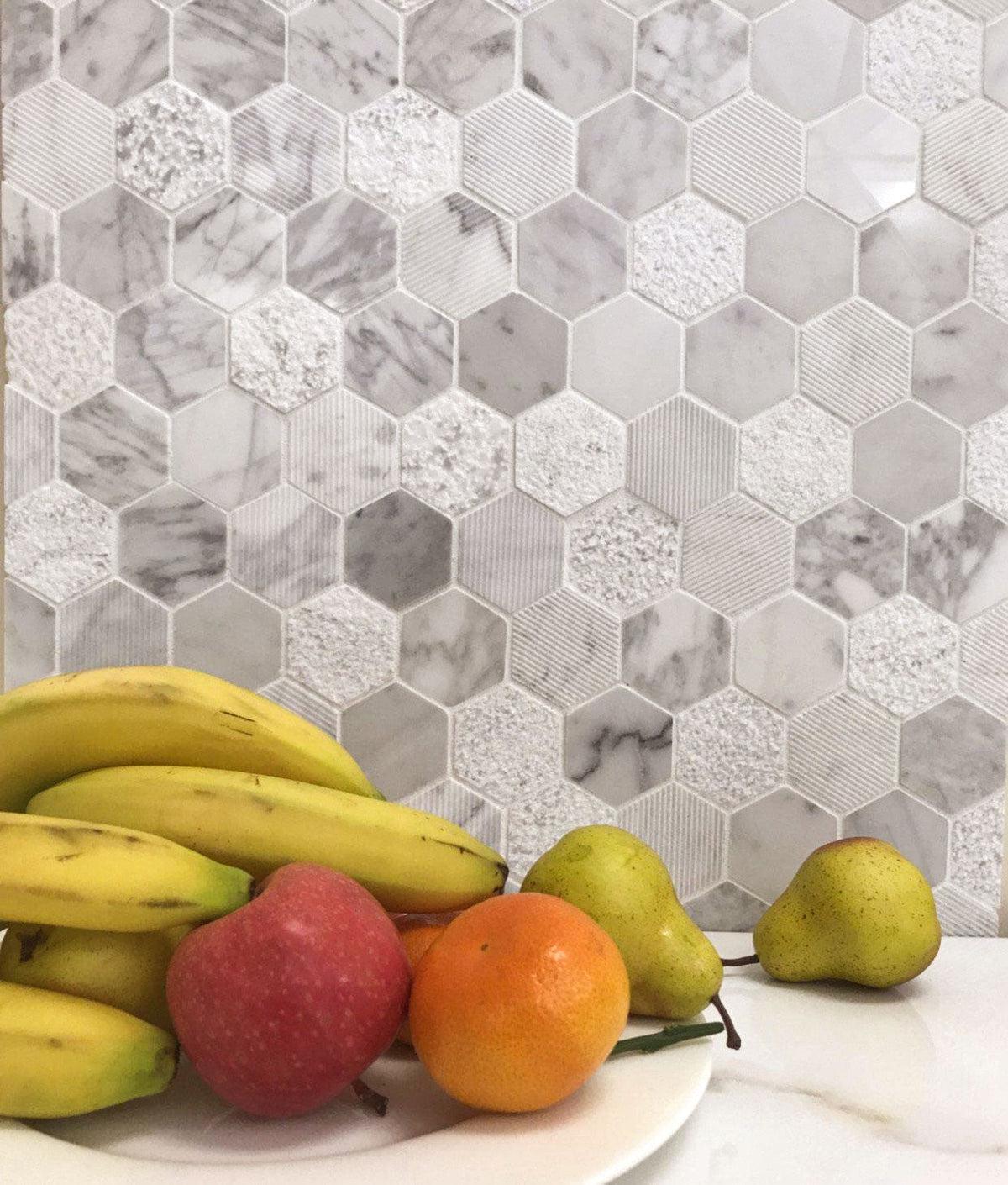 Textured Carrara Honeycomb Hexagon Marble Mosaic Tile | Tile Club