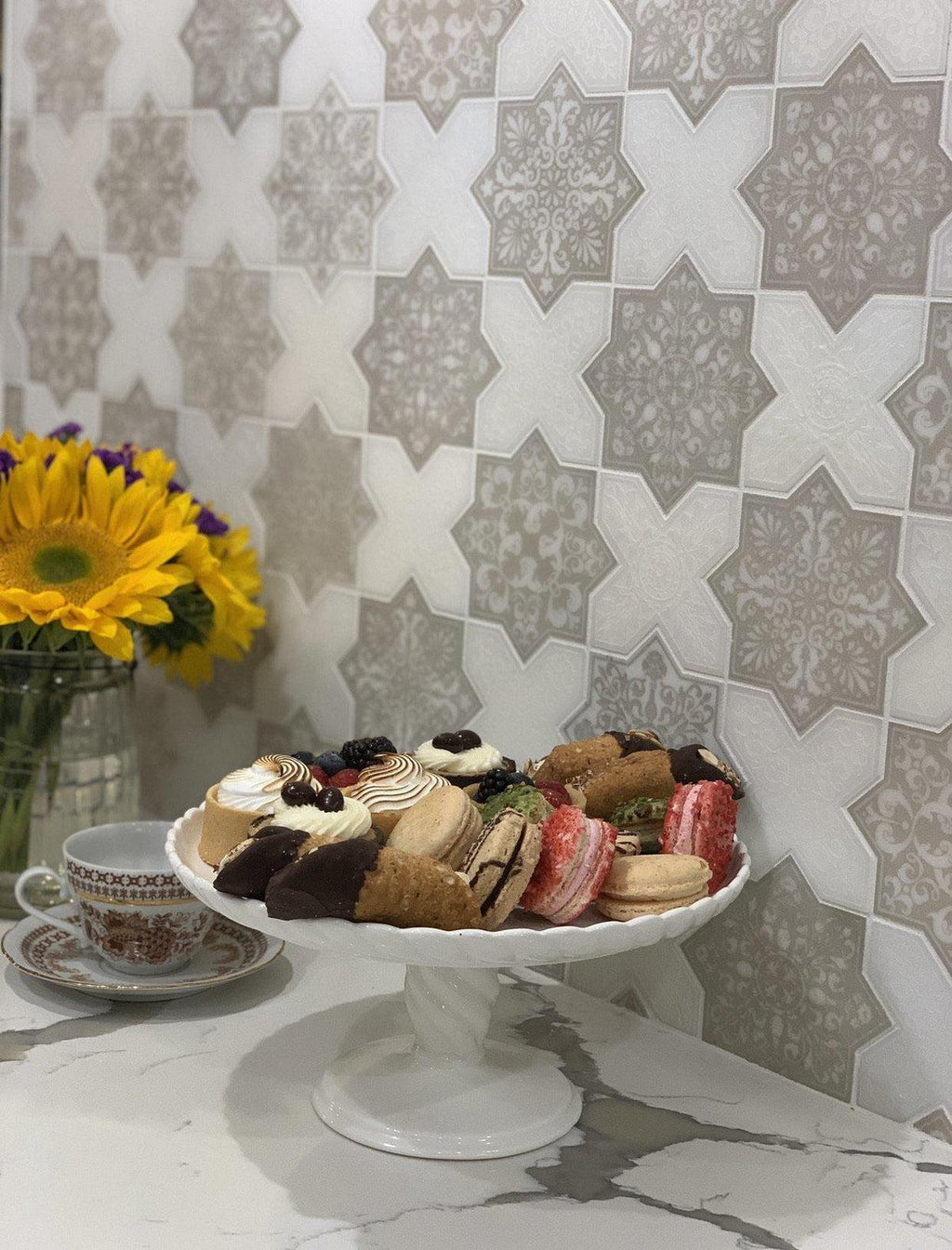 Moroccan Star & Cross Grey Etched Marble Mosaic Tile | Tile Club