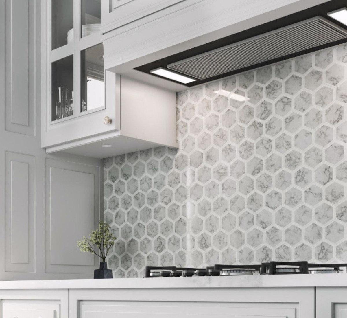 Selo Hexagon Carrara & Thassos Marble Mosaic Tile Backsplash for a Traditional Kitchen Design