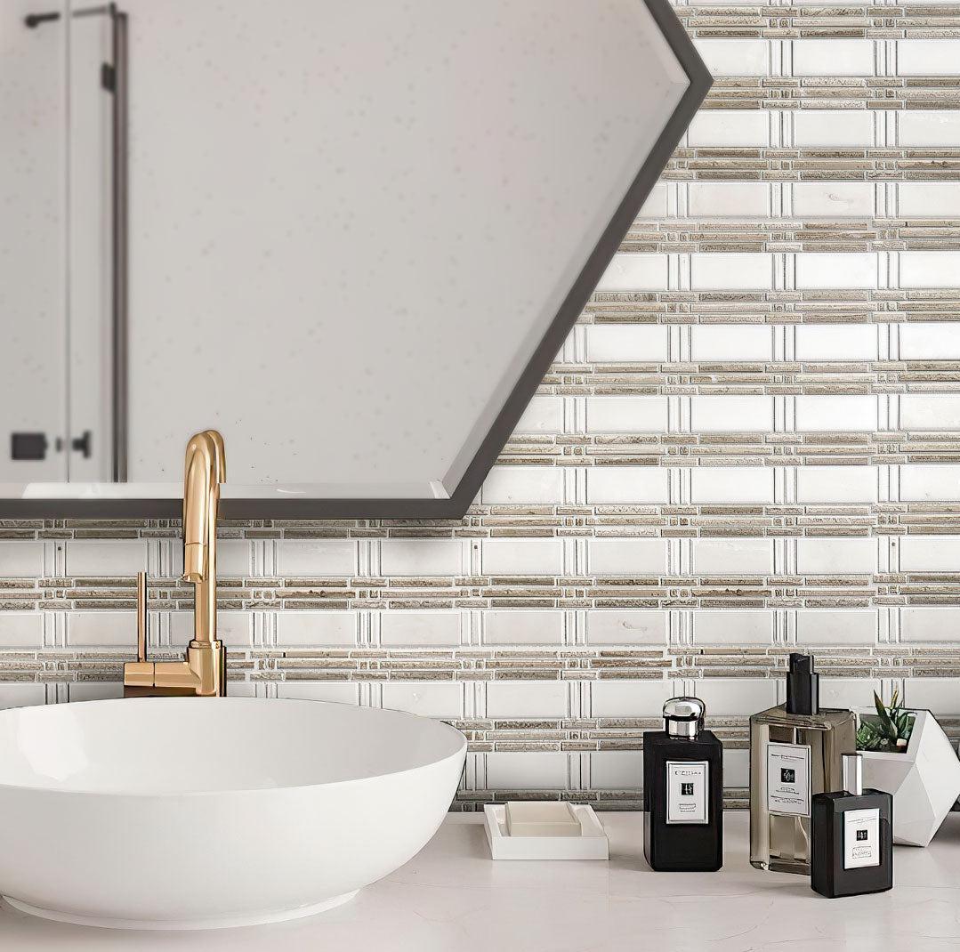 Washbasin and bathroom wall in geometric style of white and beige tiles
