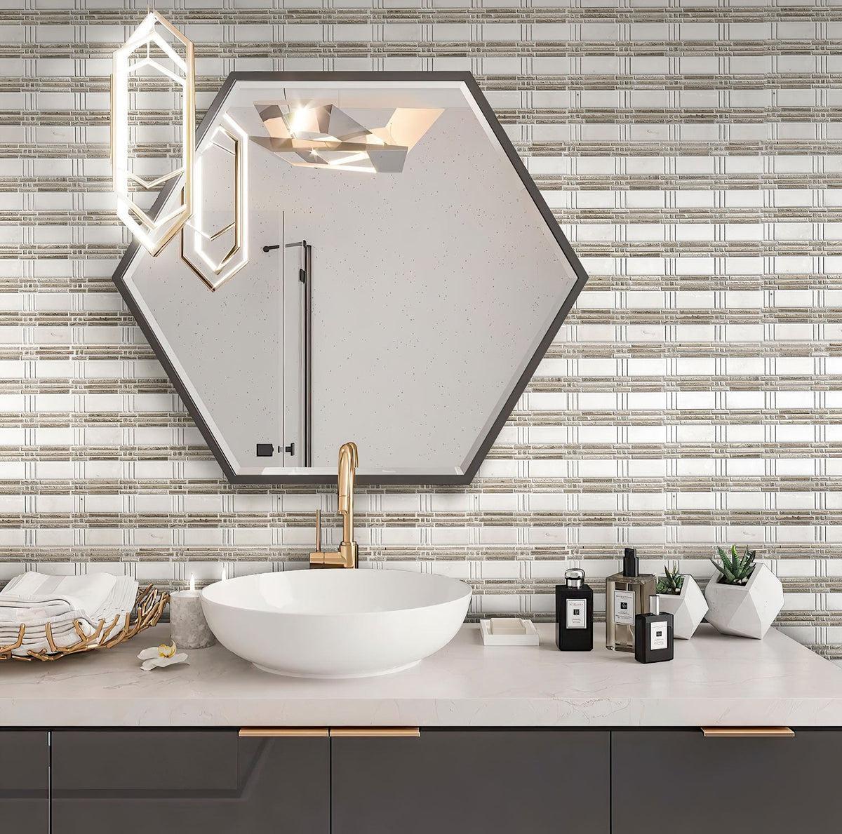 Geometric style bathroom with white wooden beige tile backsplash