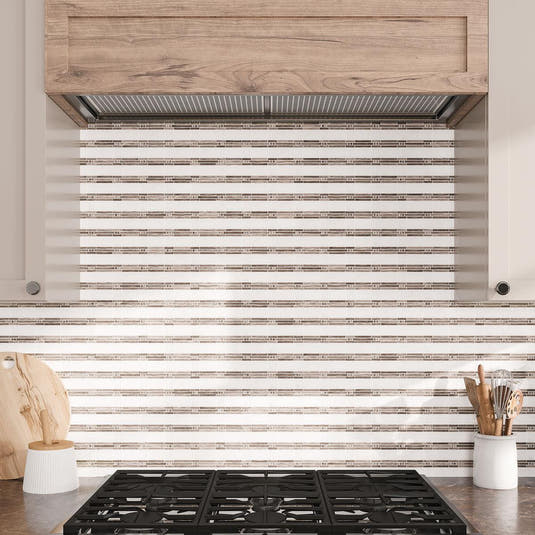 Impression White & Wooden Beige Kitchen Backsplash behind the stove