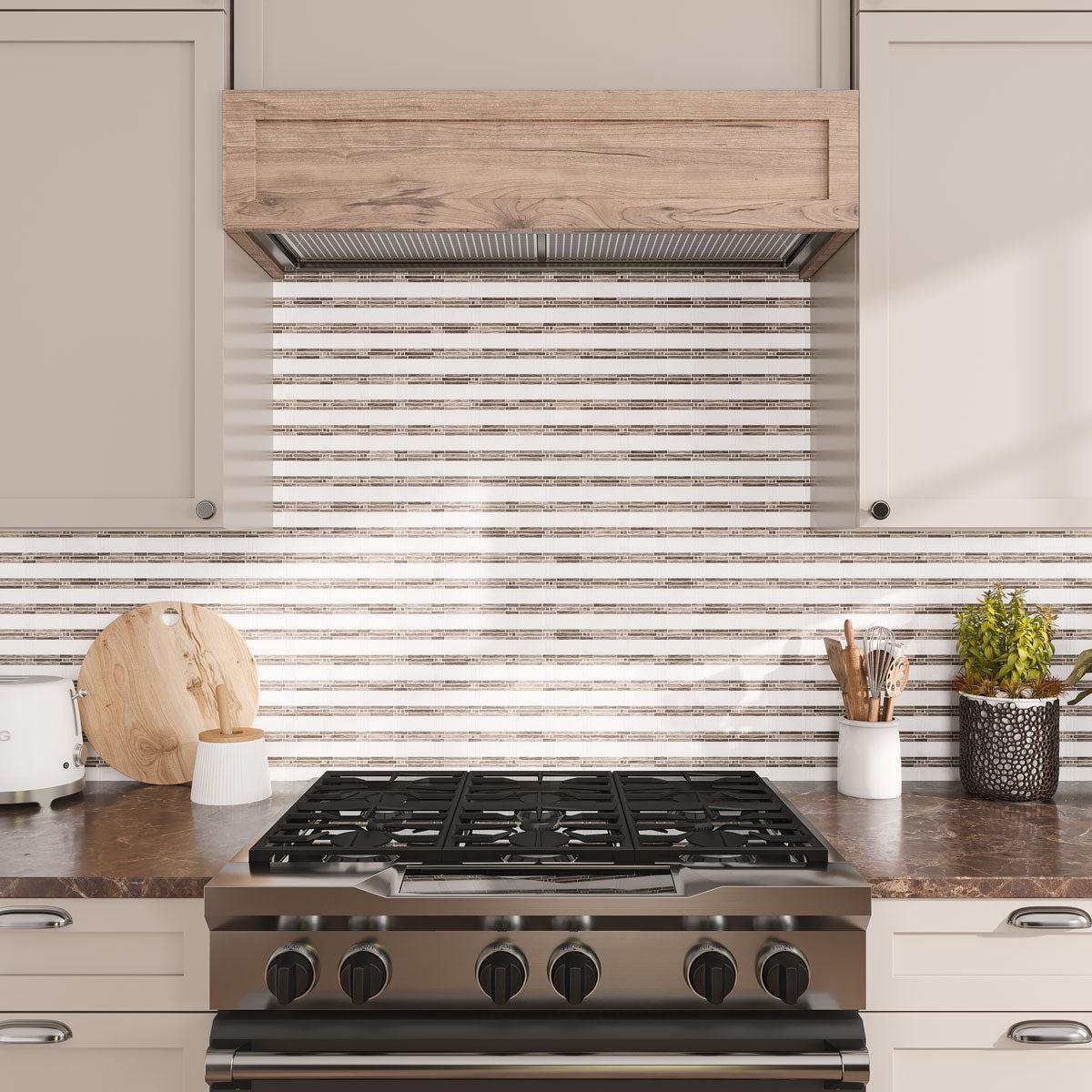 Wood and white contemporary kitchen with stick pattern tile backsplash