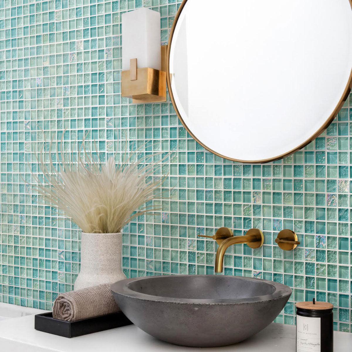 Inagua Glass Square Tiles create a stunning, serene bathroom oasis