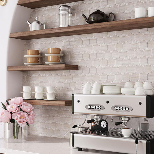 Coffee bar at home with Hexagon Wooden Beige Marble Mosaic Tile for a warm neutral interior