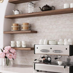 Coffee bar at home with Hexagon Wooden Beige Marble Mosaic Tile for a warm neutral interior