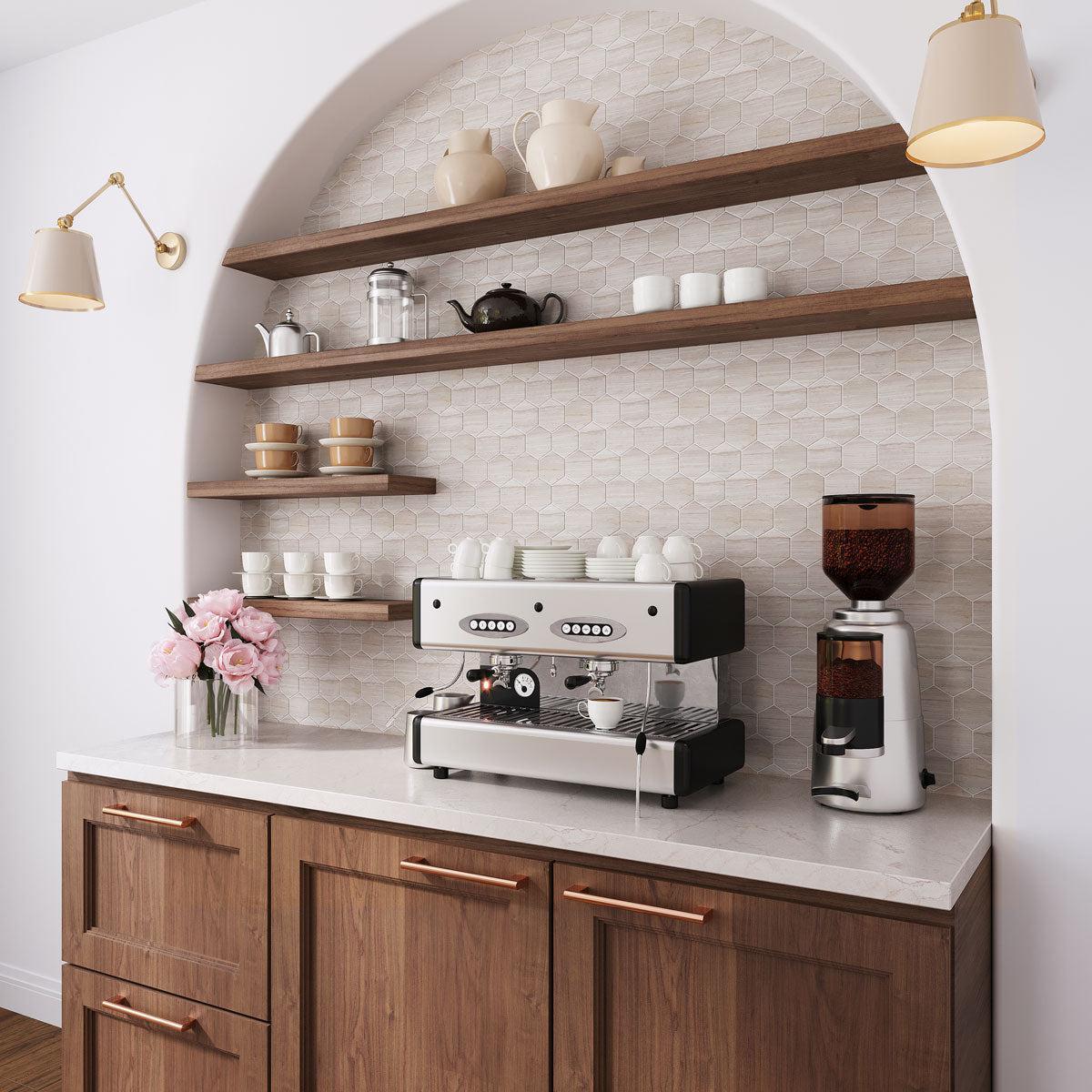Mid Century Modern Arched Coffee Bar Nook with Hexaon Marble Tile Backsplash and Open Shelves