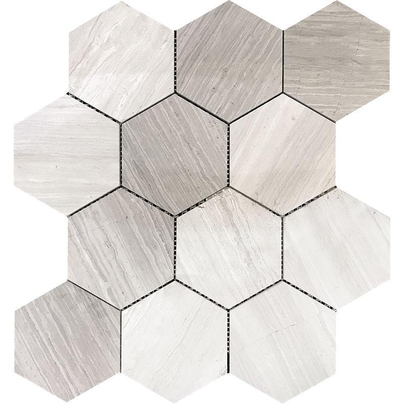 Three Inch Hexagon Wooden Beige Mrble Mosaic Tile | Tile Club 