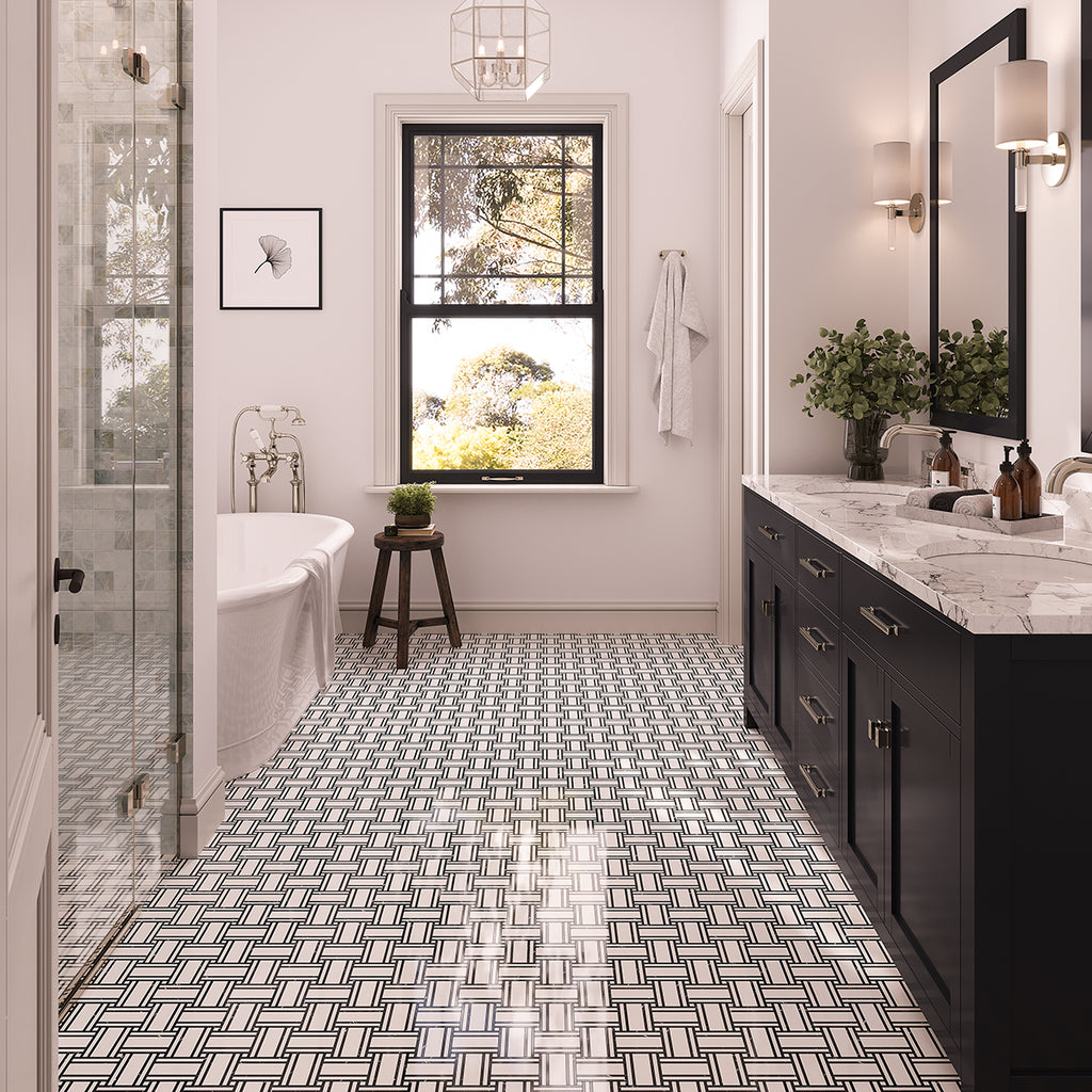 Inversa White and Black Large Basket Weave Mosaic Tile | Tile Club