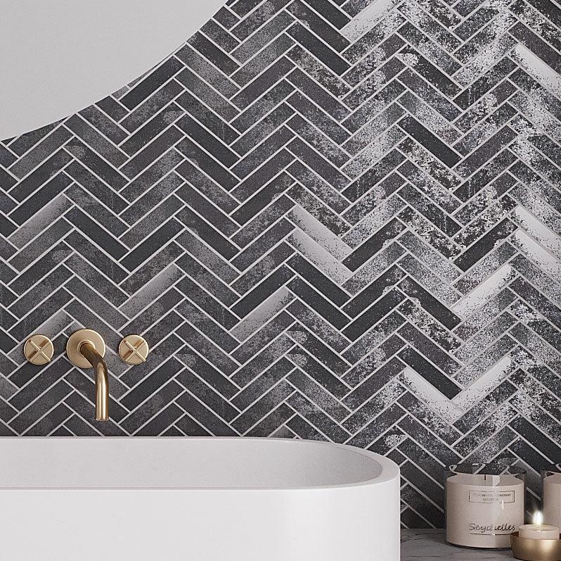 Ionic Herringbone Steel Porcelain Mosaic Tile Backsplash
